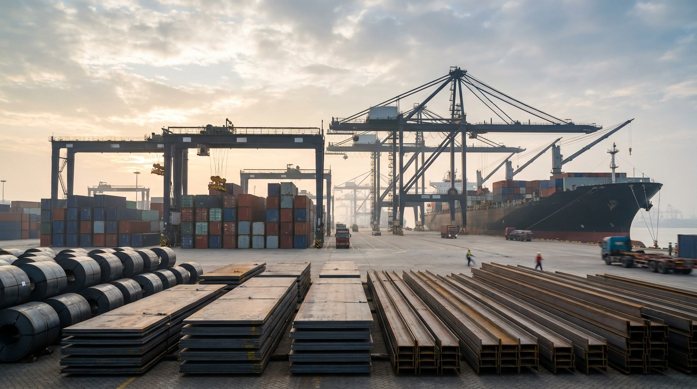 Steel coils and plate bundles staged in a Chinese export yard with cranes, containers, and marked loading lanes ready for port execution