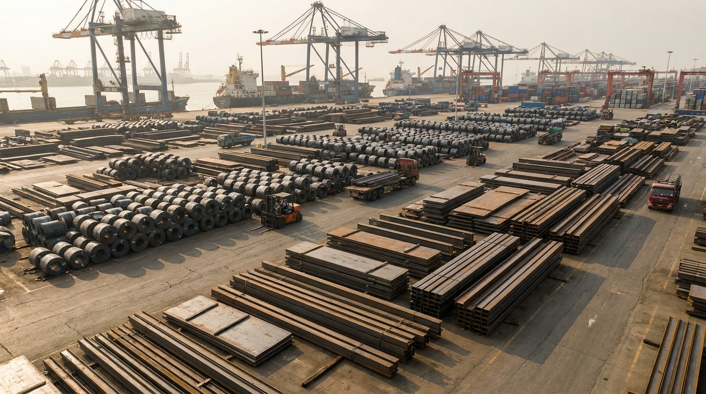 A broad export terminal filled with coils, heavy plate, and long steel products awaiting shipment