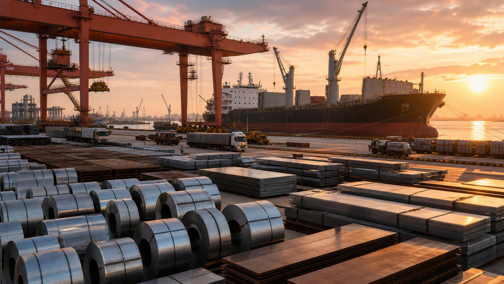 Finished steel bundles and coils staged at a Chinese export terminal with cranes, vessel plans, and shipping paperwork ready for loading