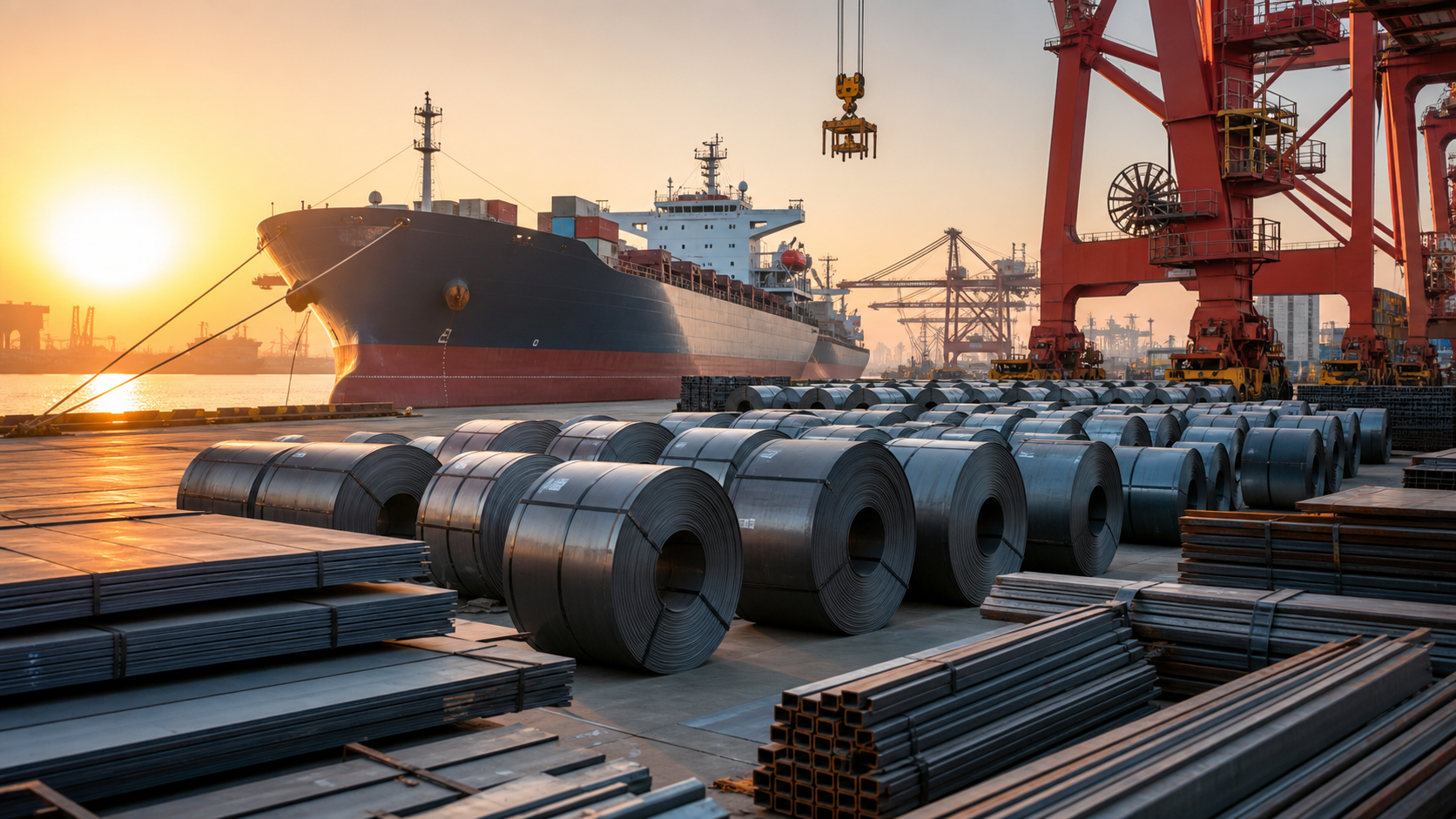 Steel export cargo staged for shipment at a Chinese port