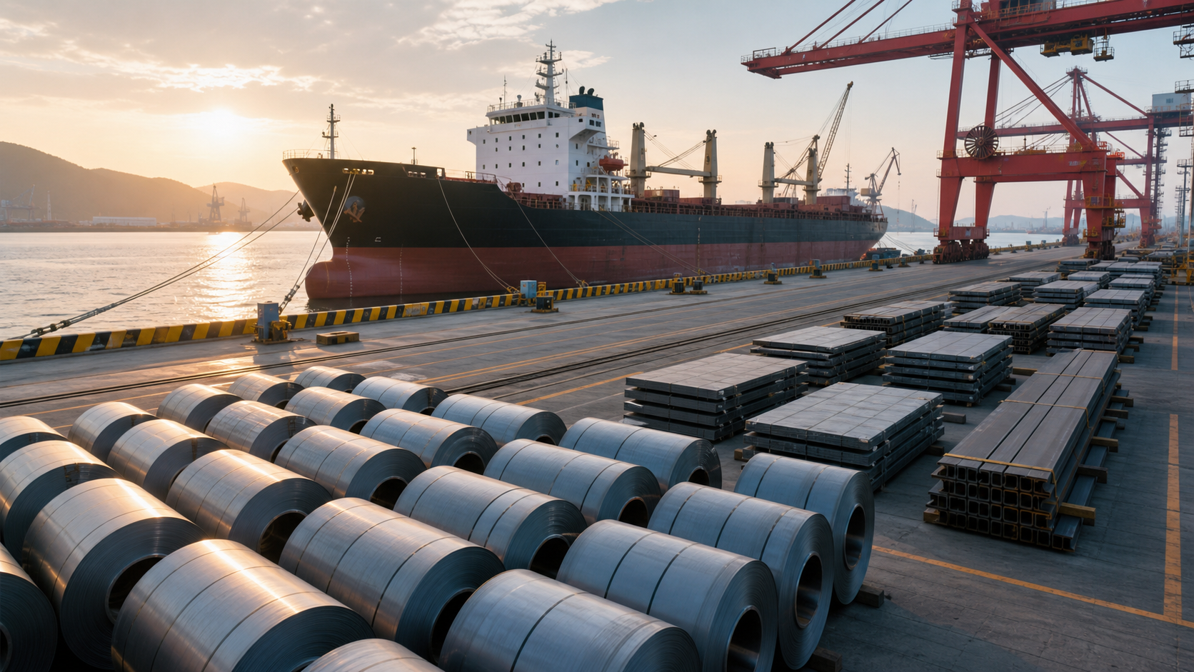 Finished steel cargo staged for export at a Chinese port