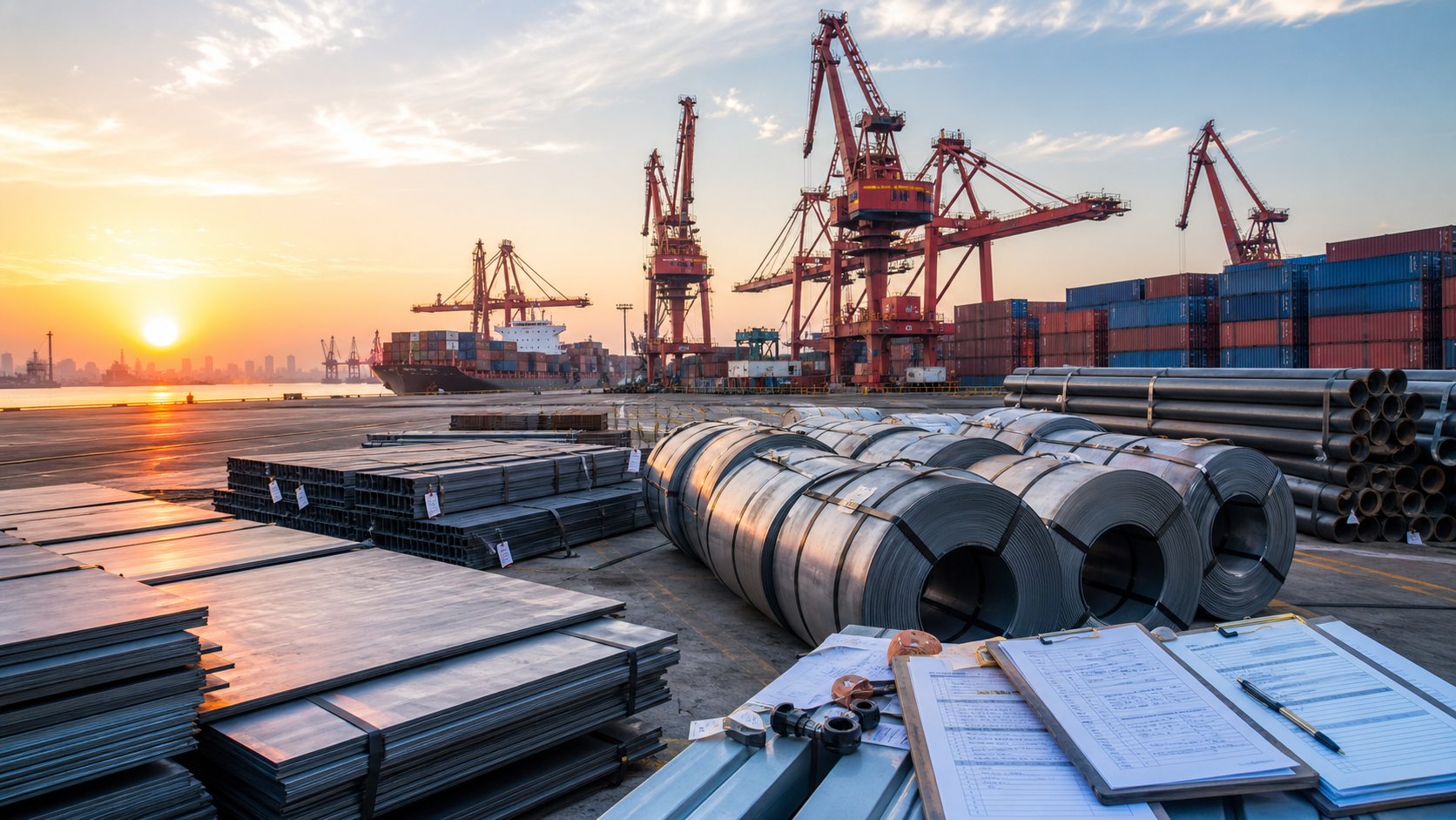 Finished steel cargo staged at a Chinese export port with documentation ready for shipment