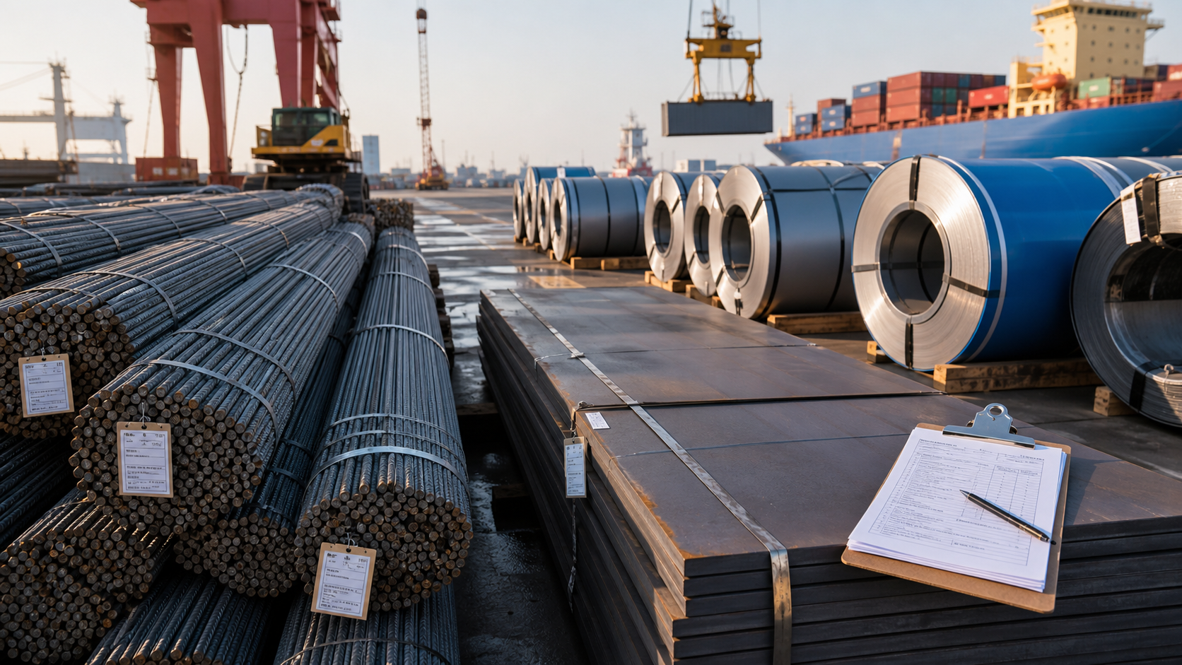 Finished steel cargo staged at a Chinese export port with documentation ready for shipment