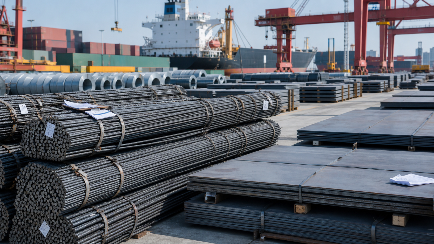 Bundles of steel bars and flat steel plates staged at a Chinese export port for finished steel shipment