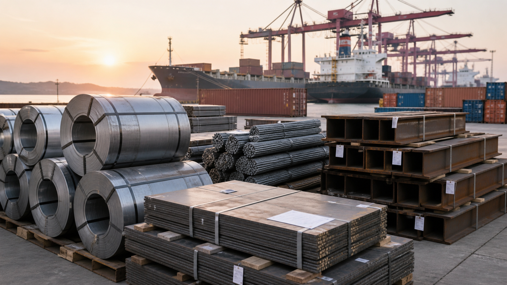 Finished steel coils, plate, rebar and H beams staged at a Chinese export port beside containers and vessels