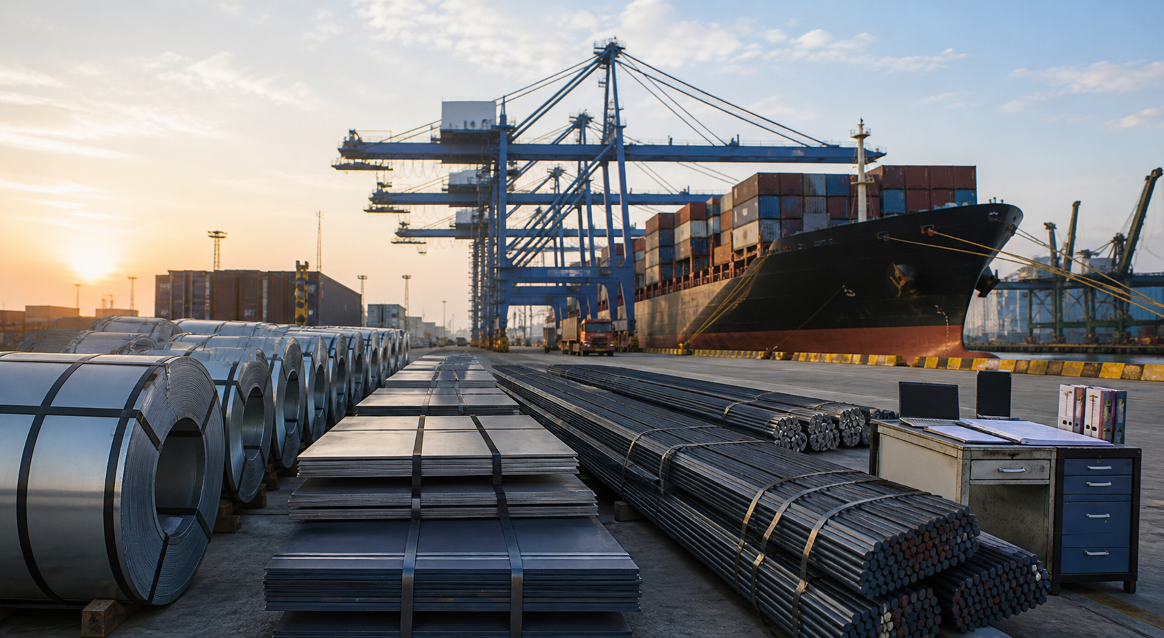 Steel coils, plate and long products staged for export loading at a Chinese port
