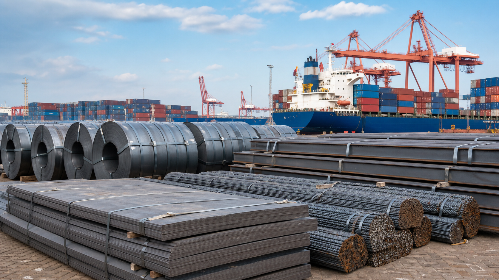 Finished steel coils, plate and rebar staged for export at a container port