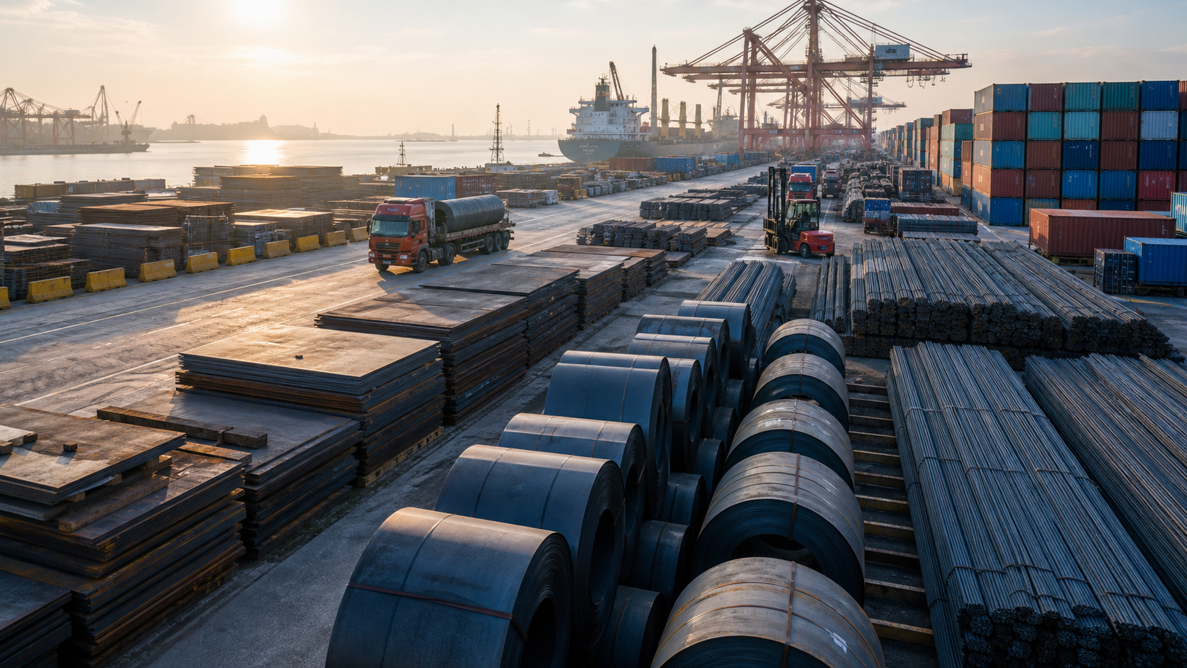 Finished steel coils, plates and rebar staged at a port for export shipment