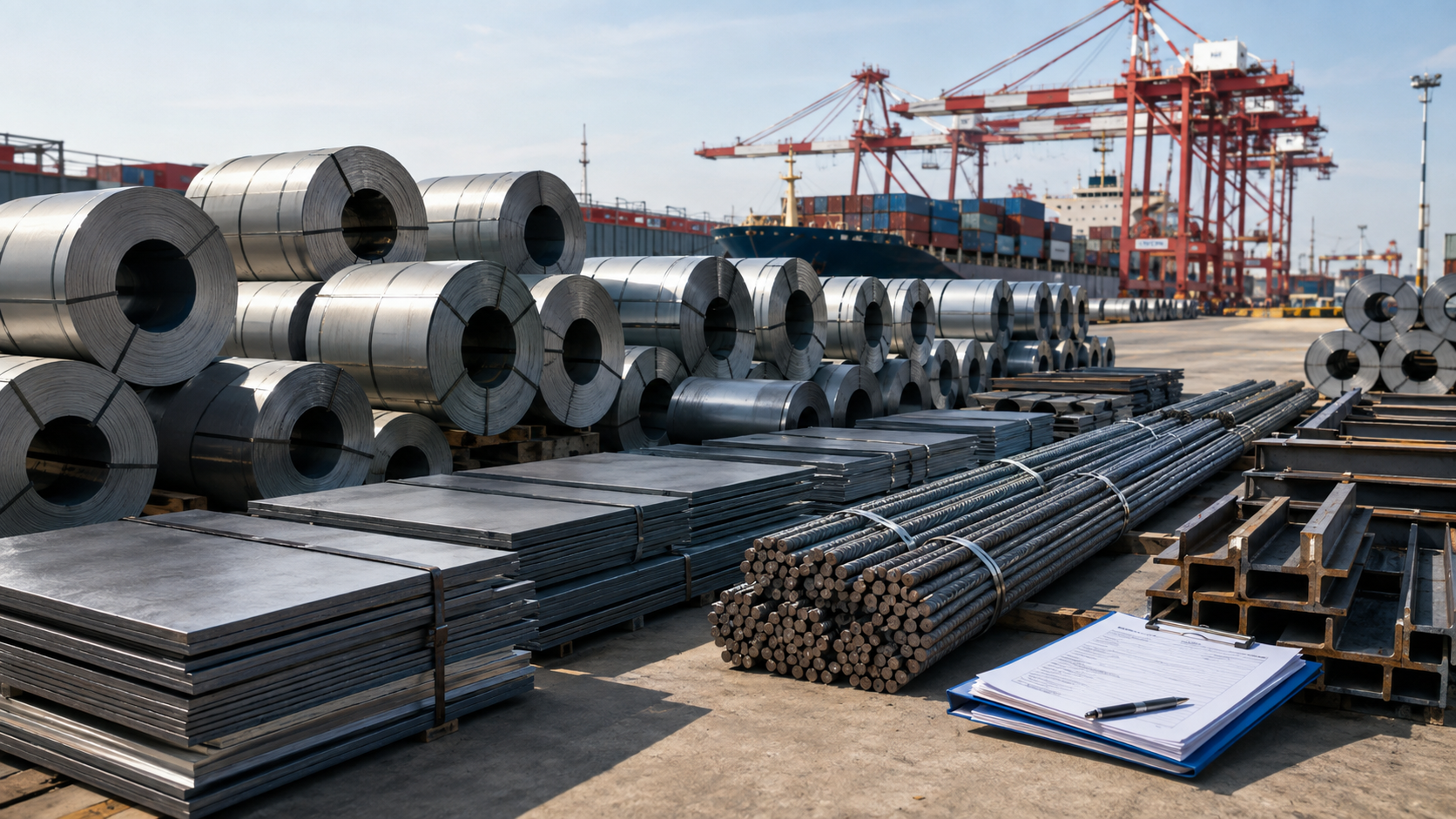 Finished steel coils, plate, rebar and structural sections staged at port with export documents ready for September shipment review