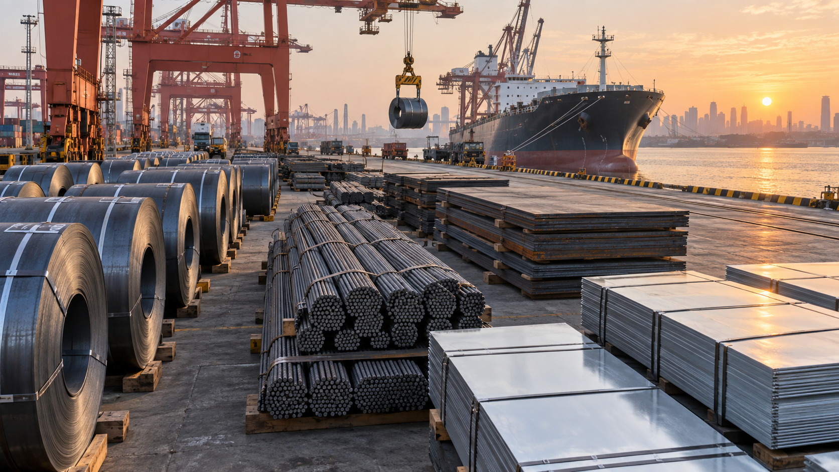 Steel coils, rebar bundles and plate staged at a Chinese port for export loading