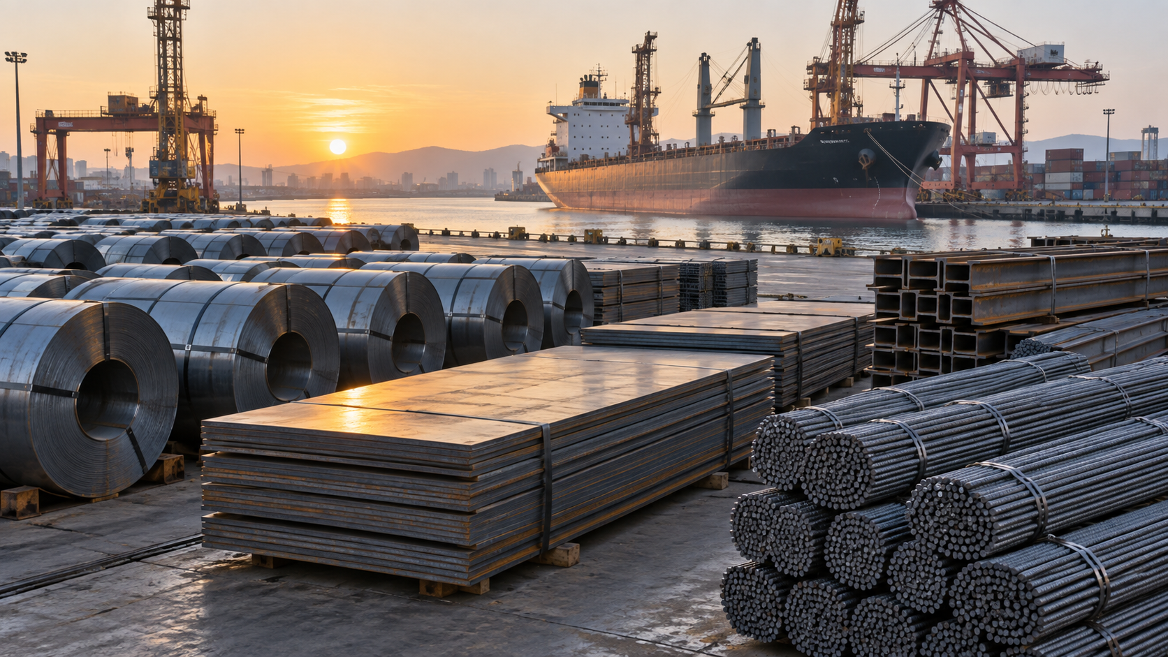 Finished steel coils, plate, rebar and beams staged at a Chinese port for export loading