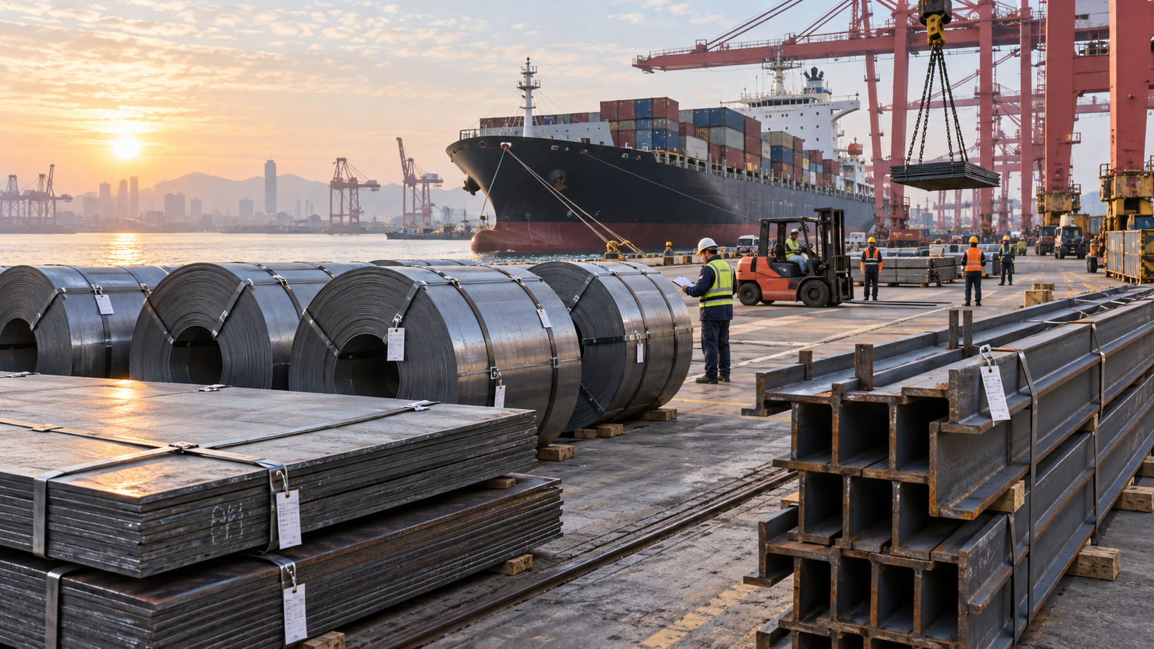 Steel coils, plate and structural beams staged at a port beside container cranes and an export vessel