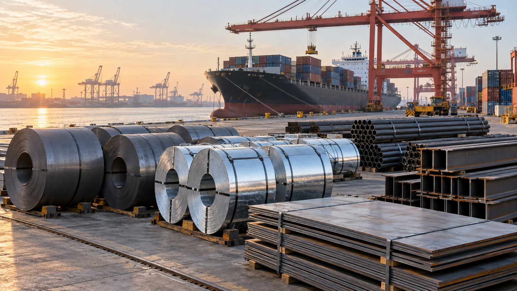 Finished steel coils, plate, beams and pipe staged at an export port beside cranes and a vessel