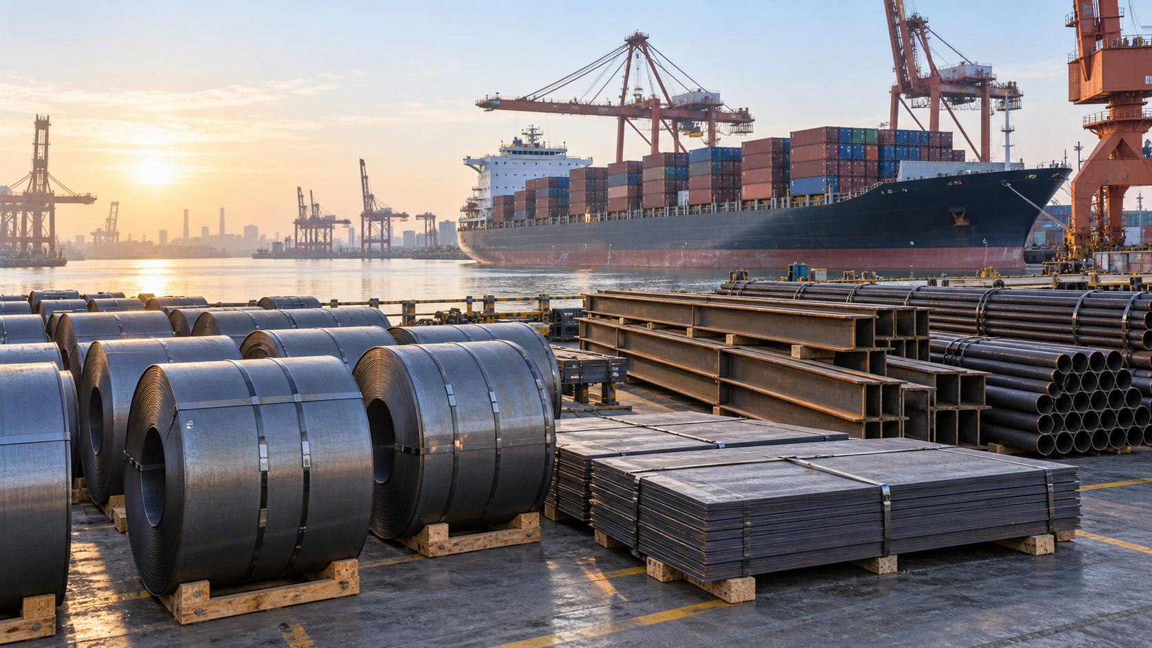Finished steel coils, plate, beams and pipe staged at a Chinese port for export loading