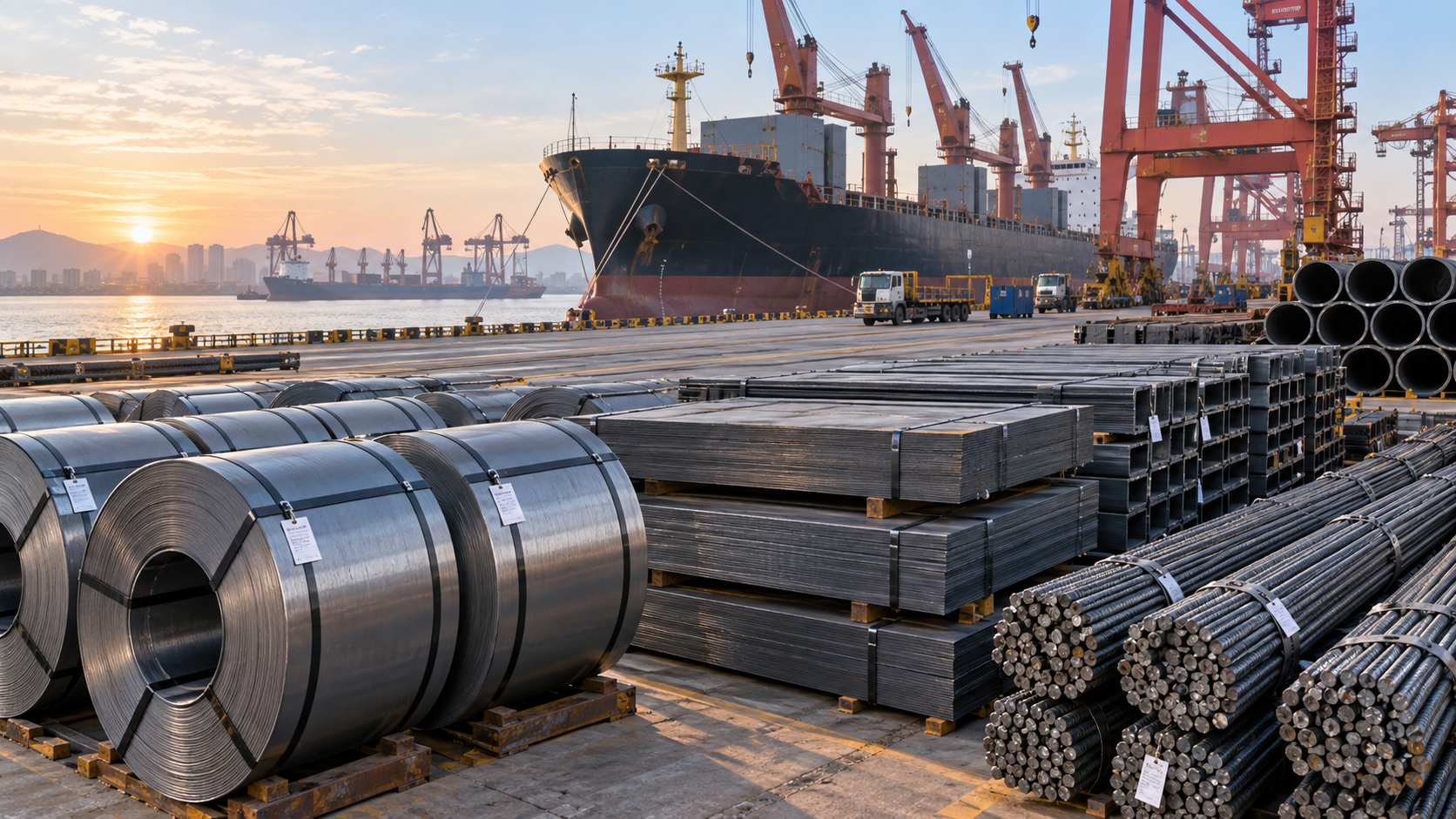 Finished steel coils, plate, rebar, sections and pipe staged for export loading at a Chinese port
