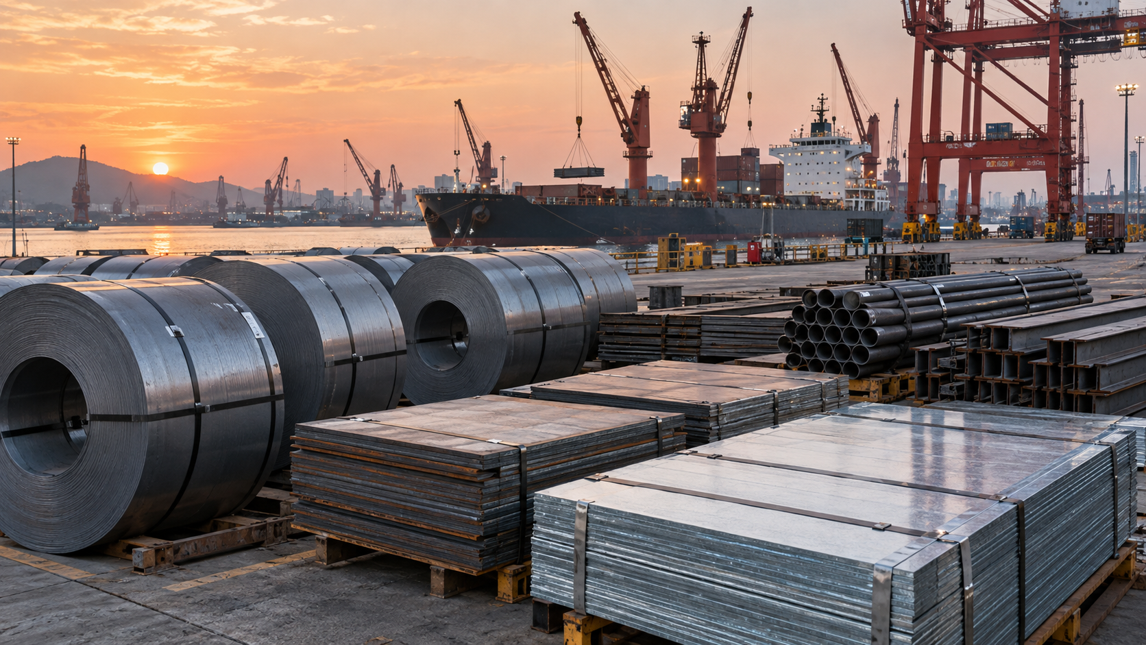 Finished steel coils, plate bundles, sheets, pipes and structural steel staged for export at a Chinese port