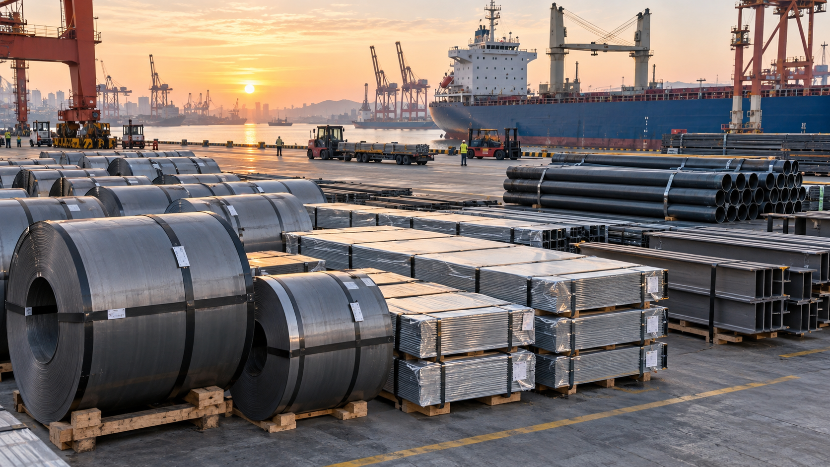 Finished steel coils, sheet bundles, pipes and structural sections staged at a Chinese export port