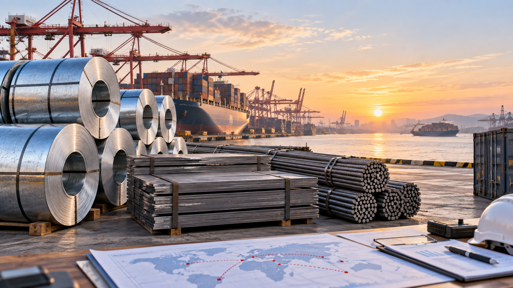Finished steel coils, plates and rebar bundles staged at a Chinese export port for trade remedy and loading checks