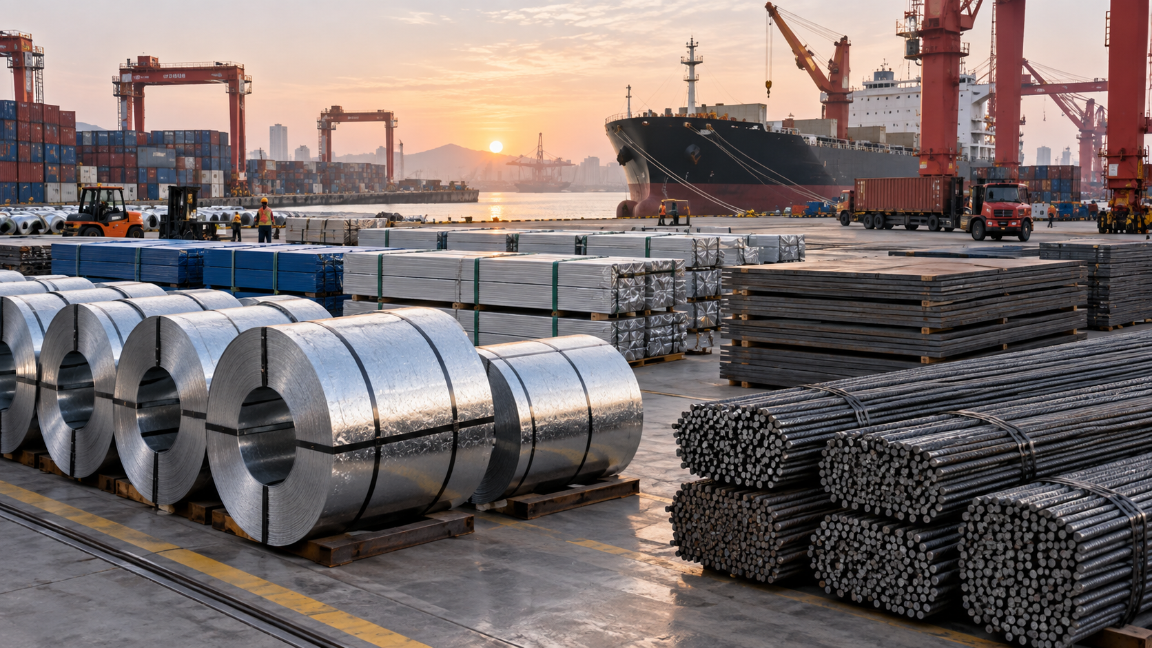 Galvanized coils, coated sheet bundles, plate and rebar prepared at a Chinese export port at sunrise