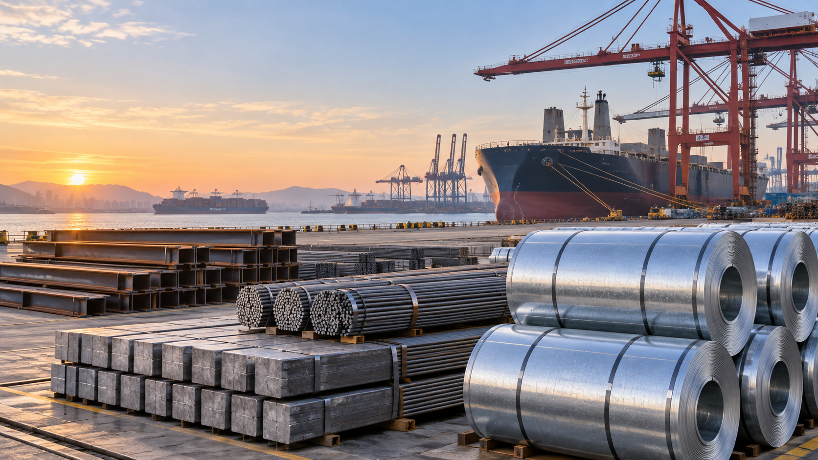 Galvanized coils, steel bars and billets staged for export beside container cranes at a Chinese port