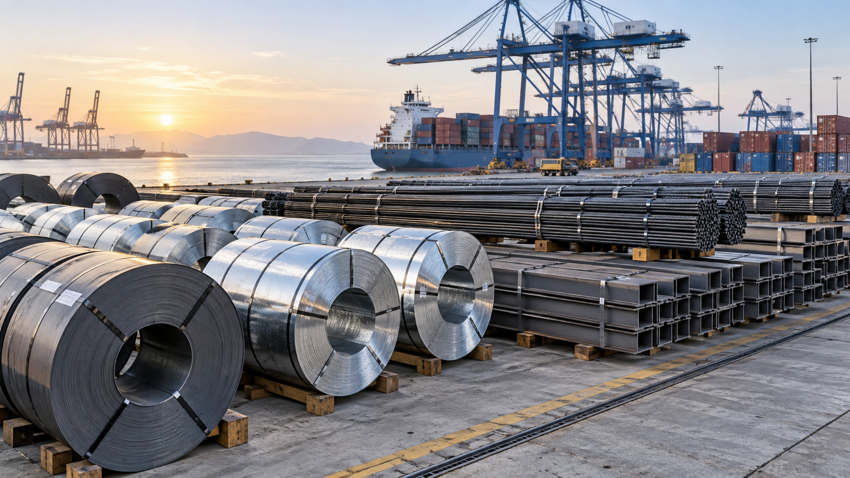 Finished steel coils, rebar and steel sections staged for export beside container cranes at a Chinese port