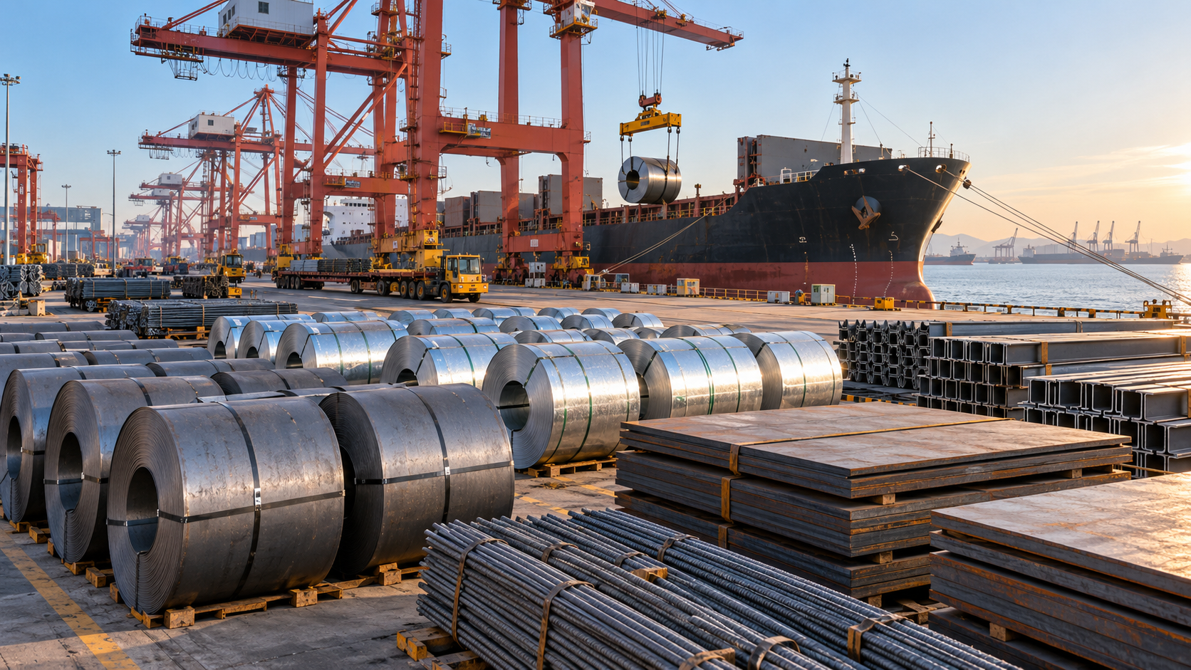 Finished steel coils, plates, rebar and structural sections staged for export beside cranes and a cargo vessel at a Chinese port