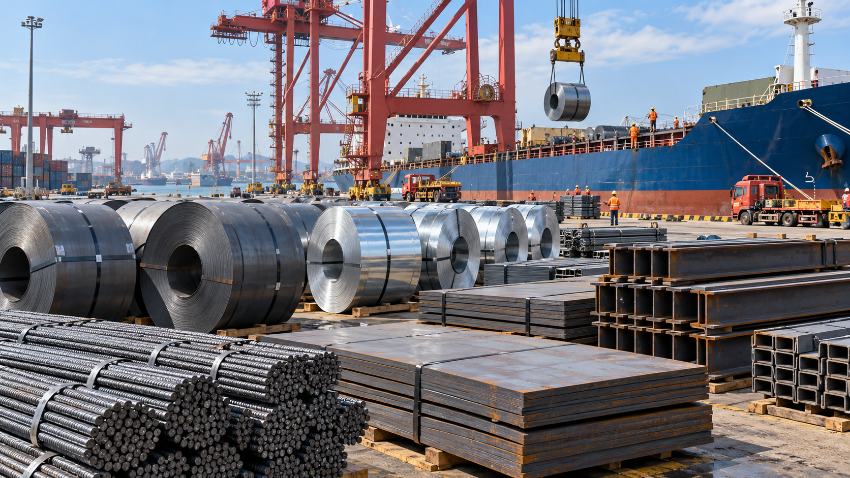 Finished steel coils, plates, rebar and structural sections staged for export beside cranes and a cargo vessel at a Chinese port