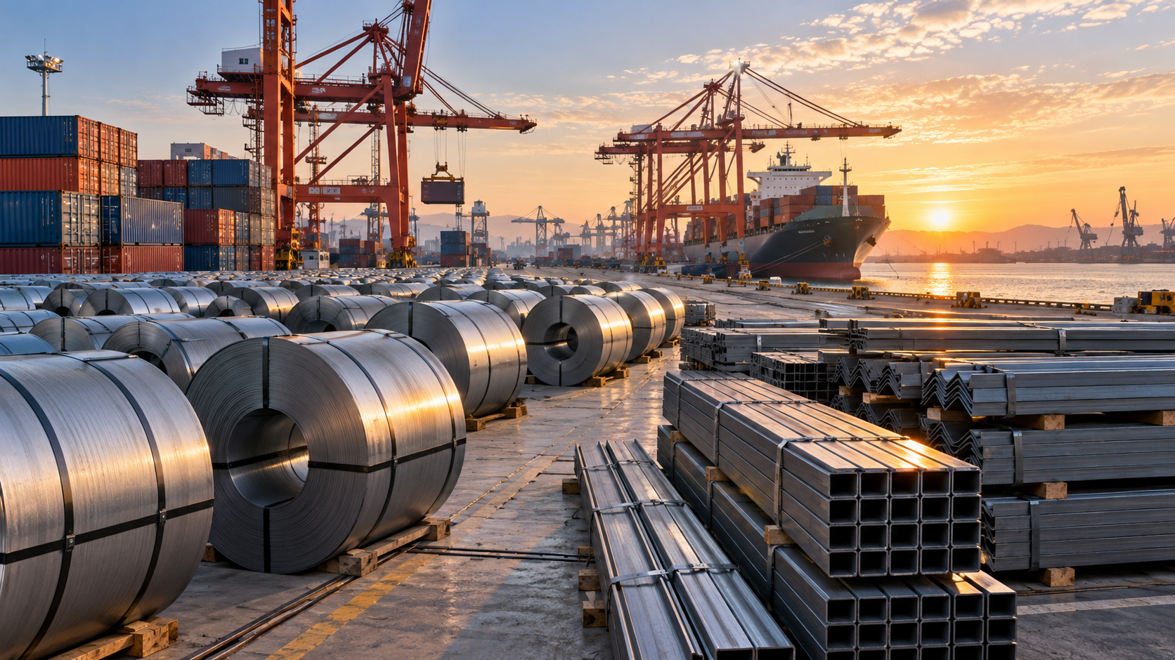 Finished steel coils and structural tube bundles staged for export beside containers, cranes and a cargo vessel at a Chinese port