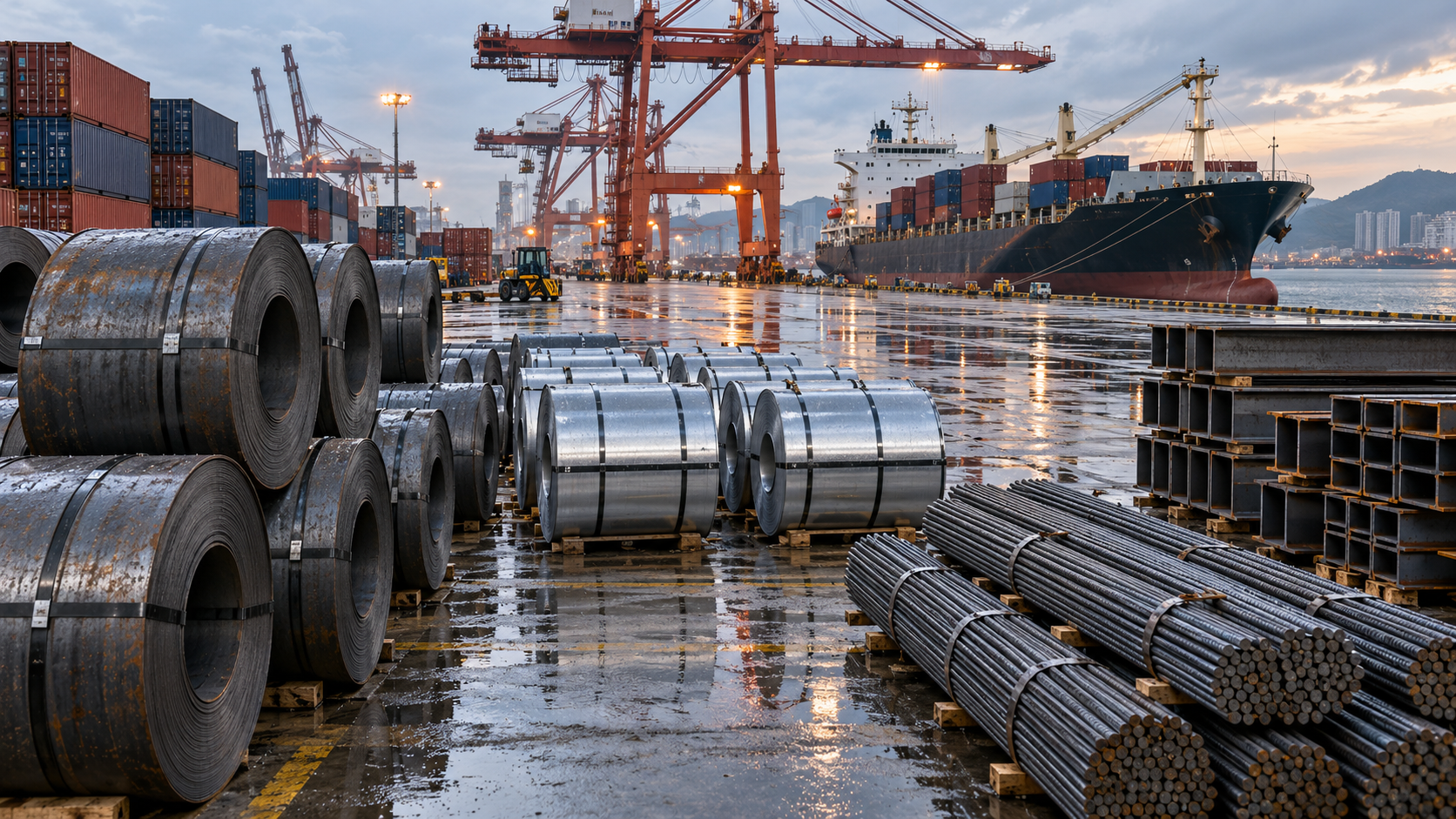 Steel coils, rebar and structural sections staged for export at a wet Chinese container port with vessel and cranes