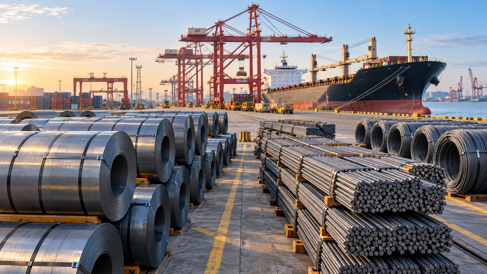 Hot rolled coils, rebar bundles and wire rod staged at a Chinese export port beside cranes and a cargo vessel