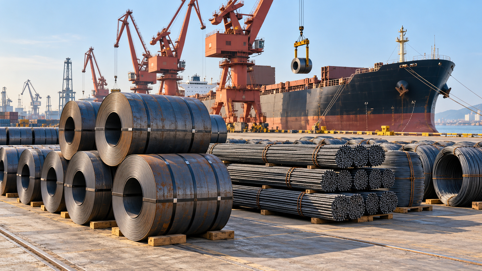 Hot rolled coils, rebar bundles and wire rod staged at a Chinese export port beside cranes and a cargo vessel